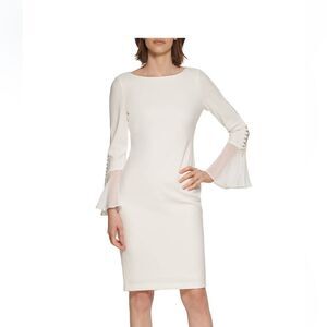 Calvin Klein Chiffon Bell Sleeve Sheath Dress Cream Color Size 12
